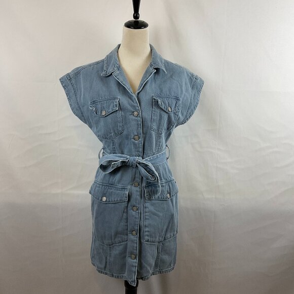 Boyish The Joe Denim Dress S Blue Button Front Drop Sleeve Tie Waist Short - Picture 1 of 11